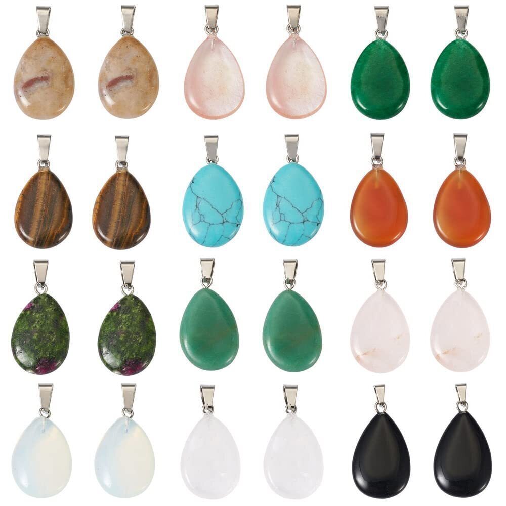 1315 24pcs Teardrop Shaped Stone Pendants 12 Styles Natural & Synthetic
